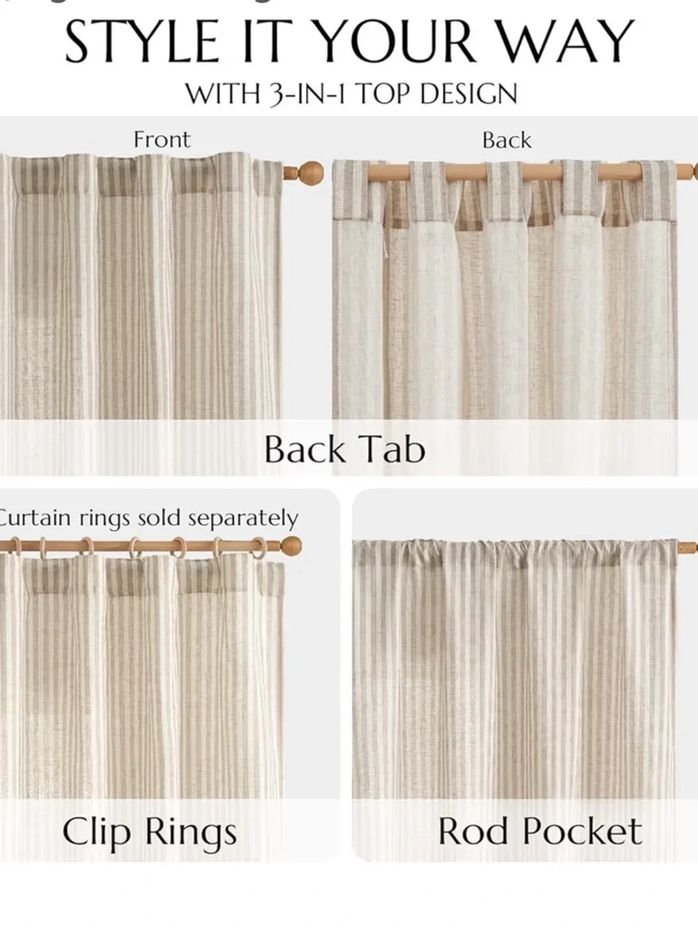 Striped Curtains Light-Filtering Rod Pocket Back Tab - TAUPE GRAY ON BEIGE